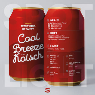 A red beer can with a label that says Cool Breeze Kolsch, a Kolsch beer recipe.