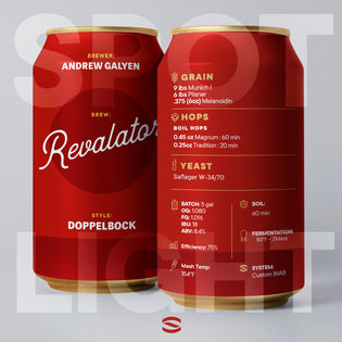 Doppelbock homebrew recipe on a red can