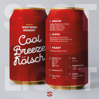  A red beer can with a label that says Cool Breeze Kolsch, a Kolsch beer recipe.